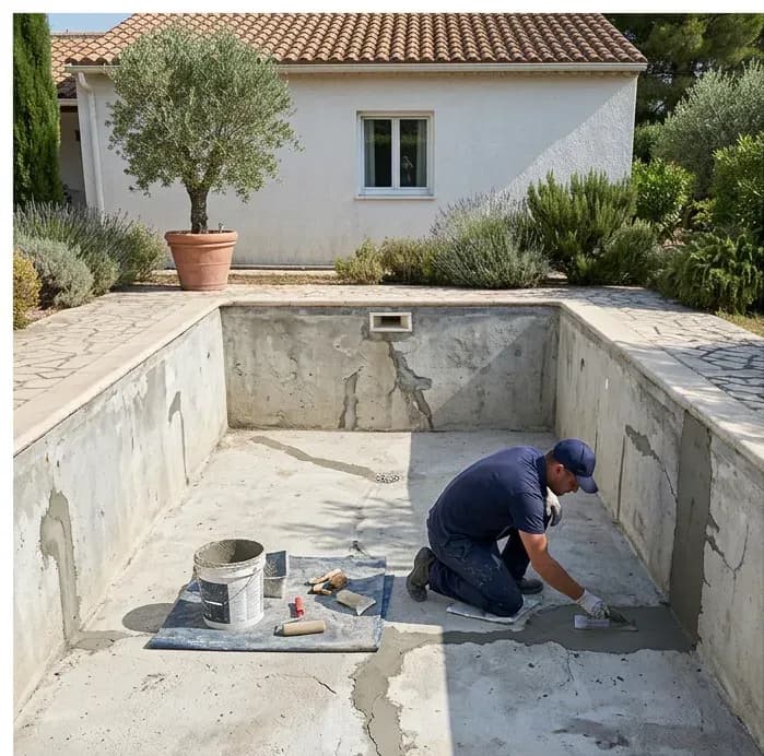 אותה בריכה לפני ואחרי: בצד אחד, בריכה ריקה עם בטון סדוק שבה טכנאי מורח ציפוי איטום; בצד השני, הבריכה המשופצת מלאה במים צלולים