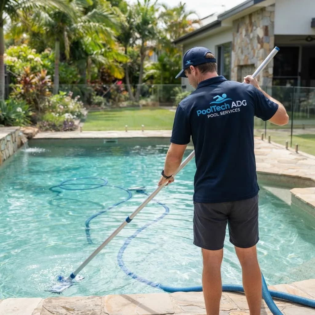 טכנאי של PoolTech ADG, עם הלוגו על החולצה, שואב את קרקעית בריכה פרטית